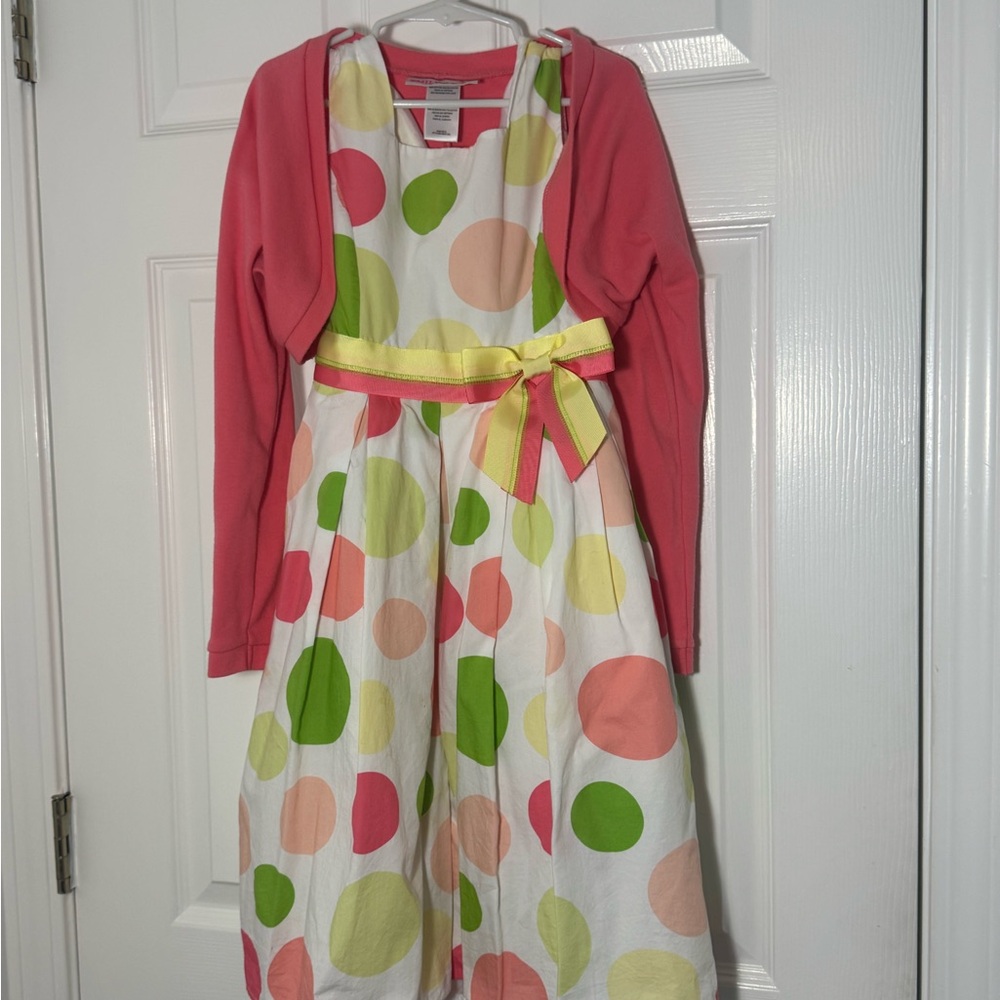 Colorful Polka Dot Dress with Pink Cardigan